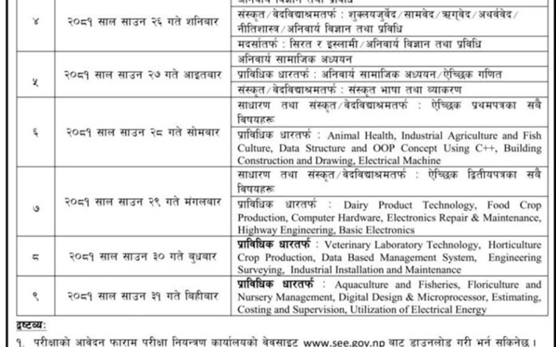 एसइईको पूरक परीक्षाको तालिका सार्वजनिक